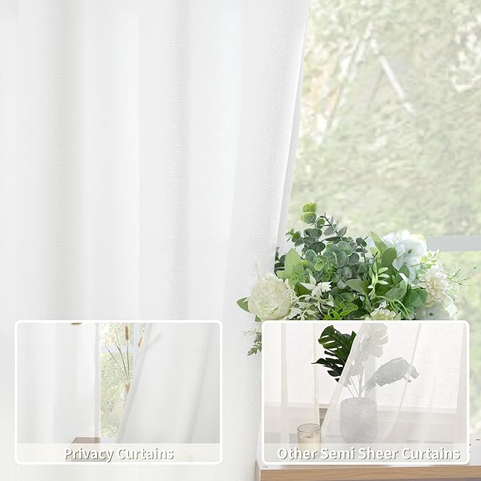 BGment White Sheer Linen Curtains for Living Room - 72 Inch Long Burlap Textured Light Filtering Window Treatments Grommet Drapes for Farmhouse, 2 Panels, 52 x 72 Inch