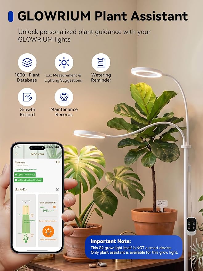 GLOWRIUM Grow Lights for Indoor Plants, 36W Full Spectrum 2-Head LED Plant Light with Stand, Adjustable Height, 3/9/12H Timer, 6 Dimmable Levels & 3 Lighting Modes (White-Double Head)