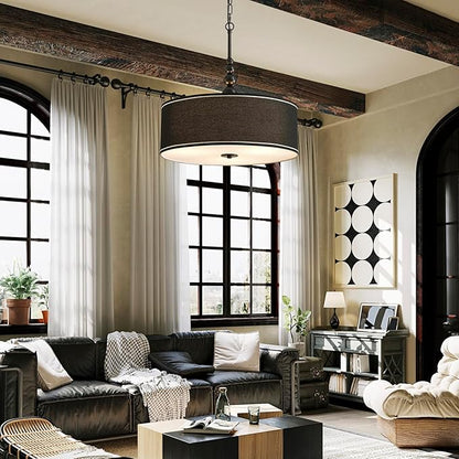 Shrine Lighting Drum Chandeliers, Farmhouse Style, Perfect Drum Pendant Light for Dining Room, D21'' x H8'', Adjustable Chains 59'', E26*3 Sockets, Black Linen Fabric Lampshade & Black Rod