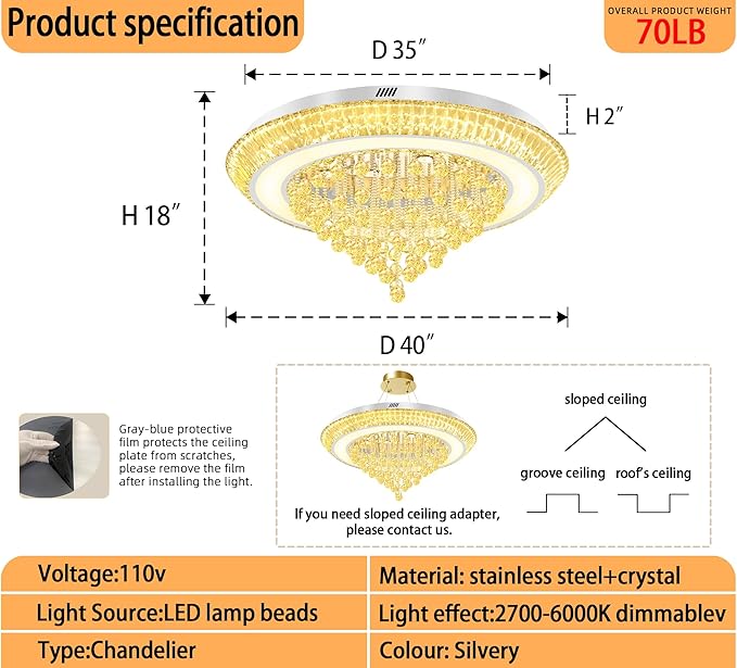 Large Crystal Chandelier for Living Room, Modern Led Luxury Crystal Chandeliers,40in Silver Flush Mount Chandelier Ceiling Light, Raindrop Chandeliers for Dining Room Bedroom