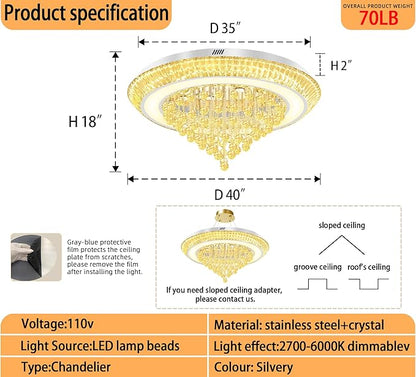 Large Crystal Chandelier for Living Room, Modern Led Luxury Crystal Chandeliers,40in Silver Flush Mount Chandelier Ceiling Light, Raindrop Chandeliers for Dining Room Bedroom