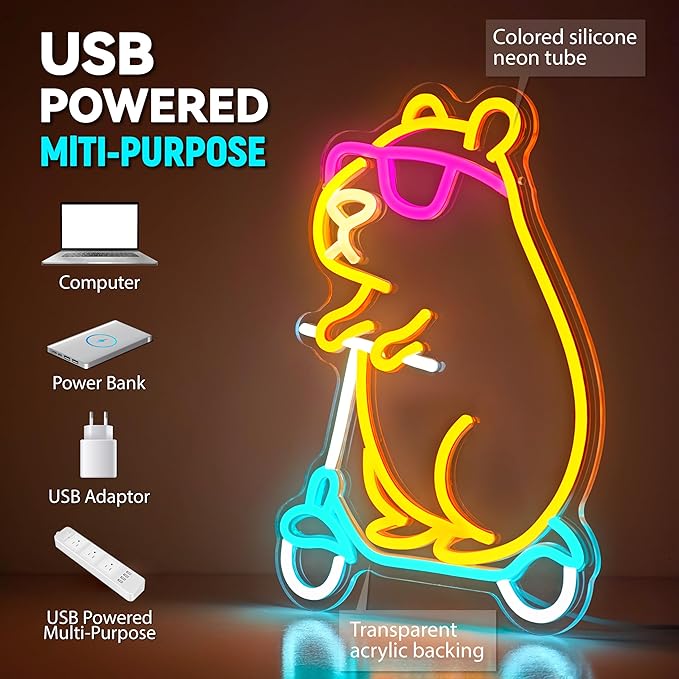 Capybara Neon Sign Animal Shape Led Capybara Neon Light for Wall Decor Dimmable Led Light Neon Sign for Children's Room Party Decor Birthday Gift for Kids