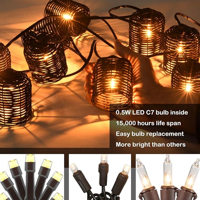 Natural Rattan String Lights, 10 Rustic Raffia Cage, 13 Ft Plug in & Connectable Wicker Lights,Black Rattan