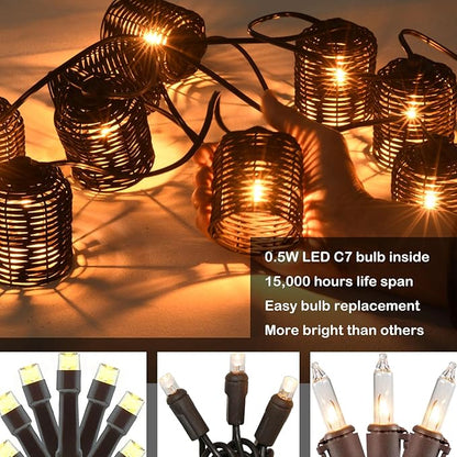Natural Rattan String Lights, 10 Rustic Raffia Cage, 13 Ft Plug in & Connectable Wicker Lights,Black Rattan