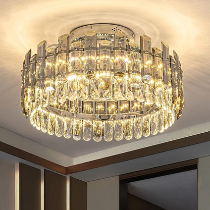 Crystal Ceiling Fan with Lights, Modern Chandelier Ceiling Fan with Remote, 6-Speed Wind, Dimmable LED, 20” Low Profile Ceiling Fan for Bedroom Dining Room Living Room