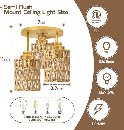 hykolity 3-Light Semi Flush Mount Ceiling Light Fixture, Boho Farmhouse Light Fixtures Ceiling Mount with Hand Woven Rattan Shade, Gold Ceiling Lighting for Kitchen, Bedroom, Entryway, Hallway, ETL