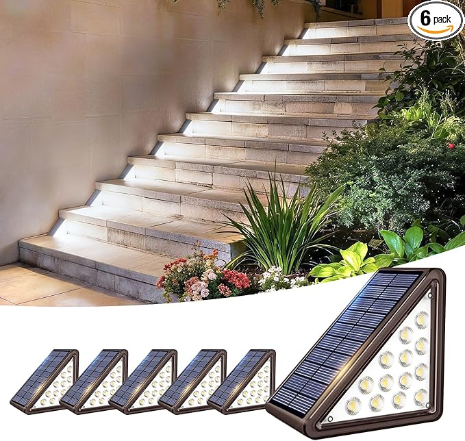 Solar Step Lights Outdoor Waterproof IP65,Cool White Brown Solar Stair Lights, Outdoor Light Decor for Stair, Deck, Step, Porch and Outside Patio, 6 Pack