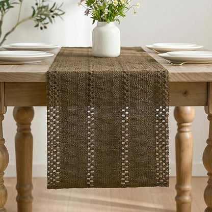 Artoid Mode Light Coffee Farmhouse Woven Rustic Hollow Table Runner, Seasonal Holiday Hollow Kitchen Dining Table Decoration for Home Party Decor 12x48 Inch