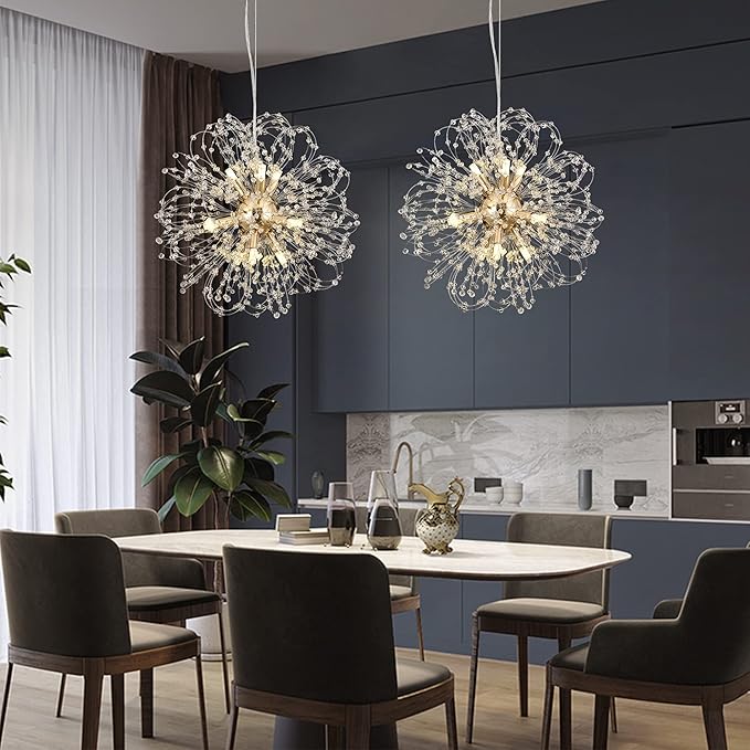 Dandelion Crystal Chandeliers, 9-Light Modern Firework Chandelier for Dining Room, Gold Sputnik Pendant Light Fixture for Bedroom, Living Room, Kitchen, Restaurant