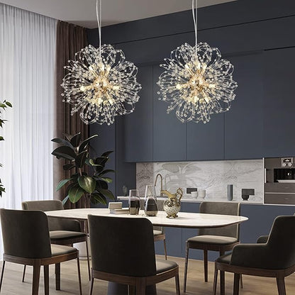 Dandelion Crystal Chandeliers, 9-Light Modern Firework Chandelier for Dining Room, Gold Sputnik Pendant Light Fixture for Bedroom, Living Room, Kitchen, Restaurant