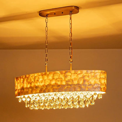 LumFurn 6-Light Oval Capiz Shell Crystal Linear Chandeliers, Coastal Design Light Fixture for Dining Room, Kitchen Island, L32xW12xH19~65 Inch(Adjustable), Shell Lampshade & Brass Finish