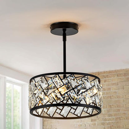 Rpzloila 3-Light Crystal Ceiling Light Fixture, Modern Semi Flush Mount Ceiling Light, Black Crystal Chandelier for Kitchen Bedroom Bathroom Entryway Hallway