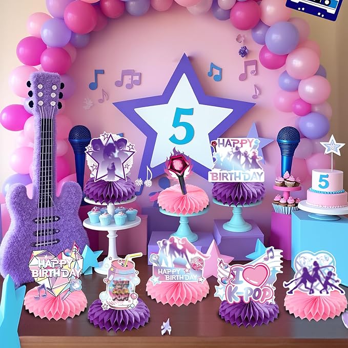 8 Pcs Kpop Party Decoration, Pink Purple Music Theme Honeycomb Centerpieces 3D Double Sided Table Decor Supplies for K-Pop Music Party Decorations