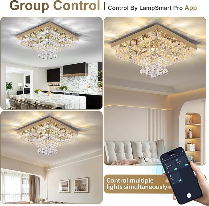 18 inch Flush Mount Chandelier Crystal Ceiling Light with Remote Control/APP, 3CCT Dimmable&Brightness Adjustable, Modern Crystal Raindrop Gold Chandeliers for Bedroom Hallway Dinning Room Living Room