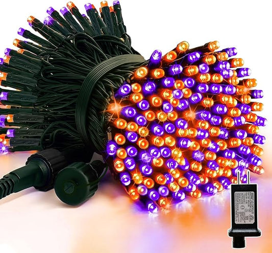 LAMPHOME 33ft Halloween Decorative Mini Lights, 100 LED Green Wire Fairy Starry String Lights Plug in, 16Lighting Modes, for Halloween Decoration Outdoor Party Decoration (Orange and Purple)