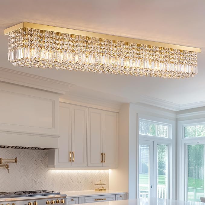 59-inch Modern Crystal Chandelier,13-Light K9 Crystal Rectangle Chandelier for Dining Room,Kitchen Island Adjustable Hanging Pendant Light Fixture,Gold Brass