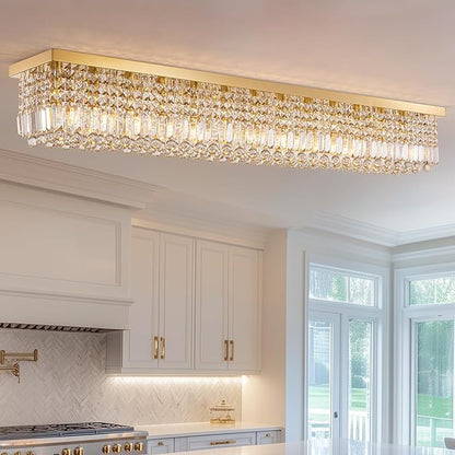 59-inch Modern Crystal Chandelier,13-Light K9 Crystal Rectangle Chandelier for Dining Room,Kitchen Island Adjustable Hanging Pendant Light Fixture,Gold Brass
