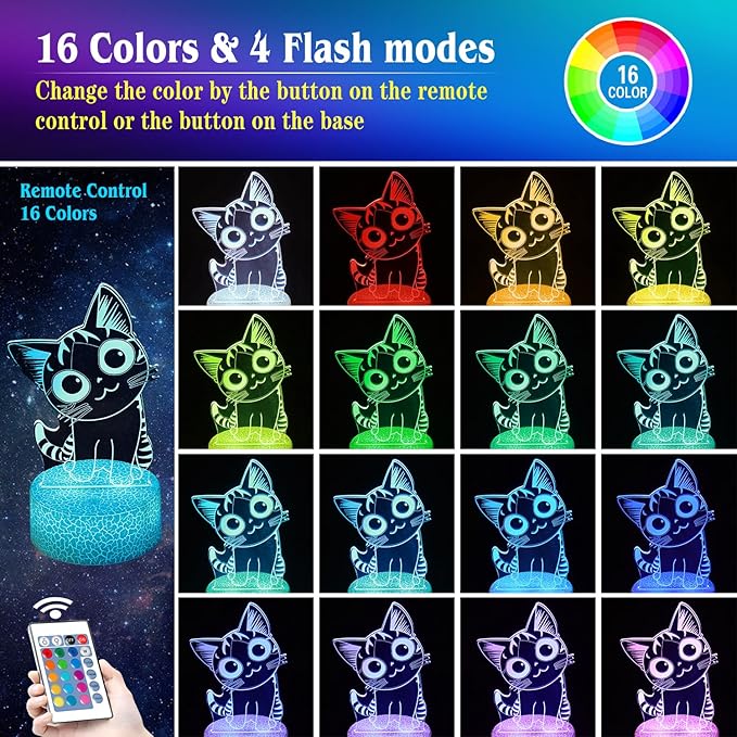 3D Cat Night Light Gifts for Kids 16 Color Change Decor Bedside Lamp with Remote and Smart Touch, Gifts for Christmas Birthday Boys Girls