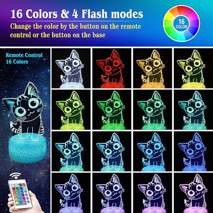 3D Cat Night Light Gifts for Kids 16 Color Change Decor Bedside Lamp with Remote and Smart Touch, Gifts for Christmas Birthday Boys Girls
