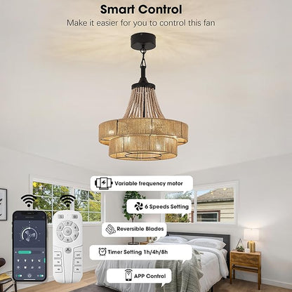 20 inch Boho Chandelier with Fan, Remote and App Control, Double-Layer Drum Shade, 8-Lights Rattan Farmhouse Fandelier for Dining Room, Bedroom, Kitchen