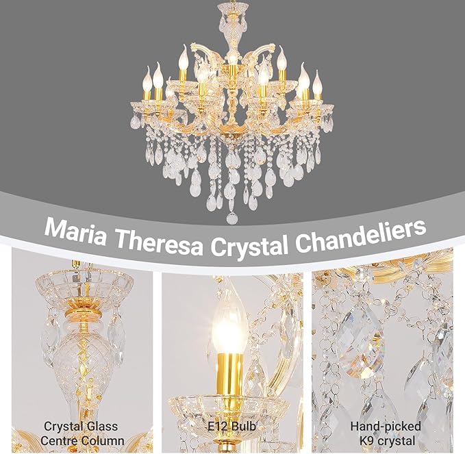 Large Crystal Chandelier for High Ceiling, 15 Lights 2 Layers Maria Theresa Crystal Chandelier Modern Luxury Gold Chandelier Lighting Fixture for Dining Room, Living Room, Foyer, Staircase