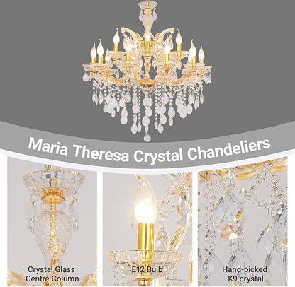 Large Crystal Chandelier for High Ceiling, 15 Lights 2 Layers Maria Theresa Crystal Chandelier Modern Luxury Gold Chandelier Lighting Fixture for Dining Room, Living Room, Foyer, Staircase