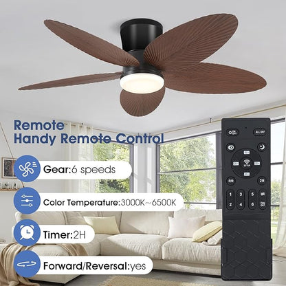 Surtime Palm Leaf Ceiling Fans with Lights-42 Tropical Ceiling Fan with Light and Remote/APP Control,Flush Mount Low Profile Ceiling Fans for Bedroom,Indoor/Outdoor Patio Use(Brown)