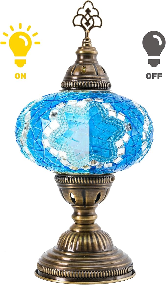 Turkish Mosaic Table Lamp with Bulb – Handmade Turquoise Blue Stained Glass Bedside Light, Authentic Vintage Boho Decor with E12 Socket & US Plug
