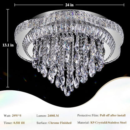 Silver 24" Modern Flush Mount Chandelier for Living Room, LED Crystal Ceiling Light for Bedroom,Elegant Dining Room Lighting Fixture with Remote Control, 3CCT Dimmable