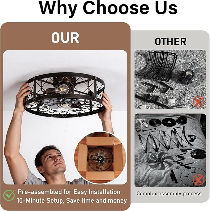 20" Farmhouse Flush Mount Caged Ceiling Fans with Lights, Rustic Low Profile Ceiling Fan with Remote, Quiet Reversible DC Motor Small Bladeless Enclosed Ceiling Fan for Bedroom Dining Room Kitchen