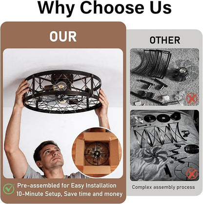 20" Farmhouse Flush Mount Caged Ceiling Fans with Lights, Rustic Low Profile Ceiling Fan with Remote, Quiet Reversible DC Motor Small Bladeless Enclosed Ceiling Fan for Bedroom Dining Room Kitchen