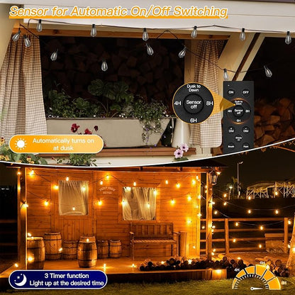 Ollny S11 Outdoor String Lights with Remote, 30 FT 3 Modes Dimmable Timers Waterproof Connectable Patio Lights, 15+1 LED Spare Bulb Dusk to Dawn Hanging Light for Indoor Porch Balcony Cafe