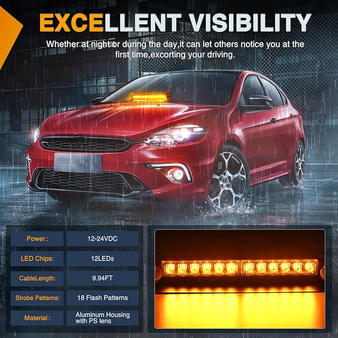 Nilight 12LED Traffic Advisor Strobe Light Bar Amber Emergency Warning Hazard Safety Dash Front/Rear Windshield Flashing Lights for Cars Trucks Police Firefighter Plow Construction Vehicles