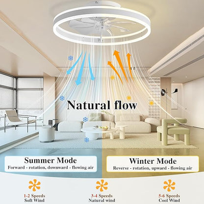 Ceiling Fans with Lights and Remote Fandelier 20''- Low Profile Modern - Flush Mount Ceiling Fans for Bedroom,Stepless Color Temperature and 6 Speeds - White