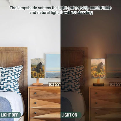 Horse in Sunflower Field Table Lamp with Wood Base Fabric Lamp Shade Bedside Nightstand Desk Lamp for Living Room Bedroom Kids Room Office