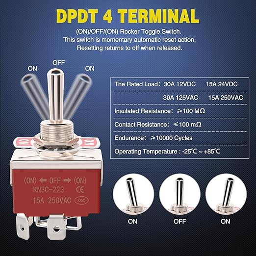 Nilight 4Pin Reverse Polarity Toggle Switch 2PCS 12V Momentary Rocker Switches 30A On Off On DPDT 3 Position Waterproof Boot Cap Jack Motor Control w/14 Gauge Wires