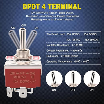 Nilight 4Pin Reverse Polarity Toggle Switch 2PCS 12V Momentary Rocker Switches 30A On Off On DPDT 3 Position Waterproof Boot Cap Jack Motor Control w/14 Gauge Wires