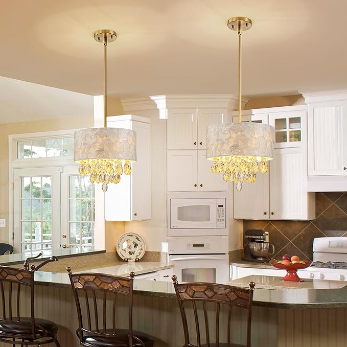 3-Light Drum Capiz Shell K9 Crystal Chandelier, Coastal Style Pendant Light Fixture for Dining Room, Living Room, D12 * H19~49 inch (Adjustable), Champagne Crystal & Gold Finish