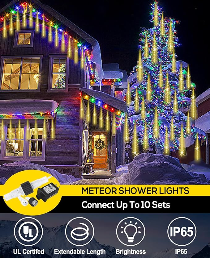 EAGWELL Meteor Shower Lights Outdoor Christmas Lighting Falling Rain Lights 12Inch 10Tubes Rain Drop Light Snowfall Icicle Cascading String Decor for Xmas Holiday Tree Garden Decor,Shine Warm White