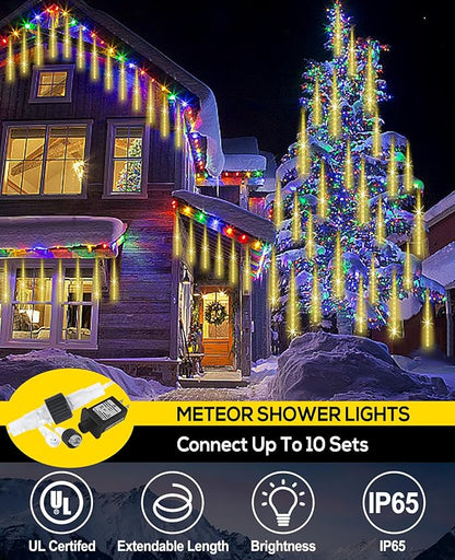 EAGWELL Meteor Shower Lights Outdoor Christmas Lighting Falling Rain Lights 12Inch 10Tubes Rain Drop Light Snowfall Icicle Cascading String Decor for Xmas Holiday Tree Garden Decor,Shine Warm White