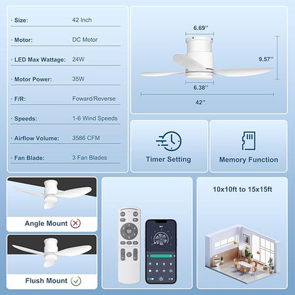 Ohniyou 42'' Flush Mount Ceiling Fans with Lights, Remote/App Control, Dimmable, Silent Indoor/Outdoor Ceiling Fan for Porch, Bedroom, Kitchen, White