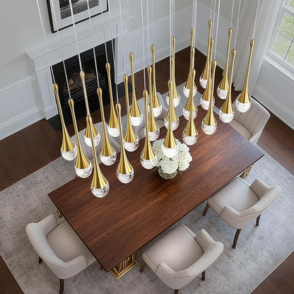 ykolupty 24-Lights Rectangular Chandelier Crystal Raindrop Chandeliers Flush Mount Ceiling Light for Dining Room Living Room High Ceiling Chandelier for Staircase Foyer Entryway Gold Chandeliers