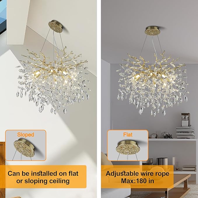 Modern Crystal Tree Branches Chandelier, 23.5in Gold 8 Lights Large Ceiling Hanging Light for Dining Room, Round Raindrop Pendant Light Fixture