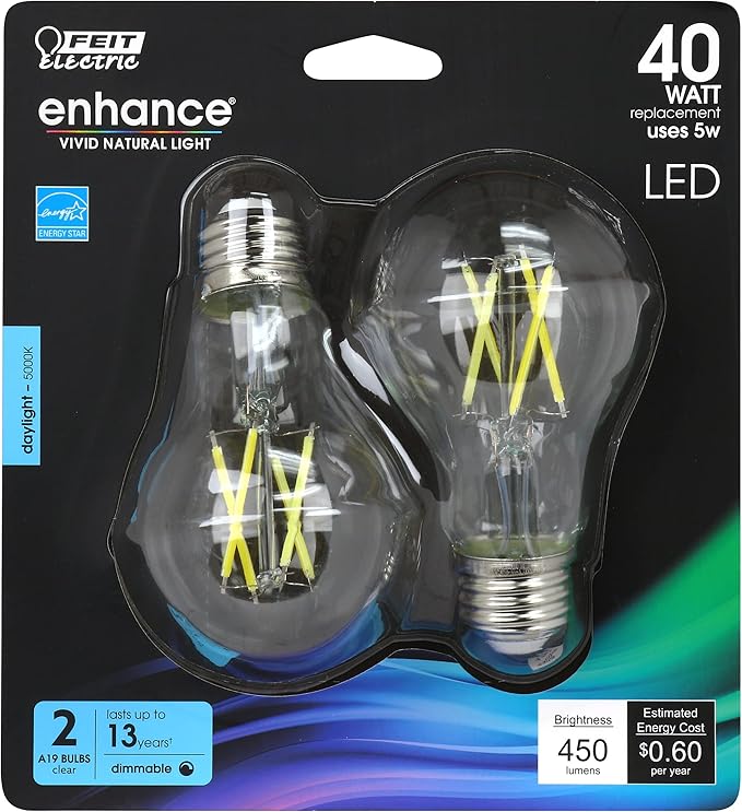 Feit Electric LED A19 Medium Base Light Bulb - 40W Equivalent - 15 Year Life - 450 Lumen - 5000K Daylight - Dimmable | 2-Pack