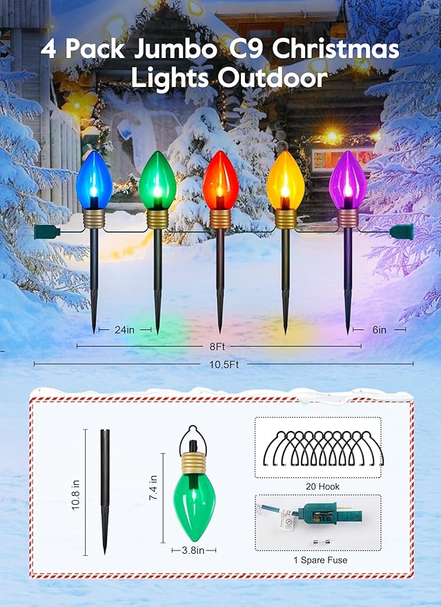 Brightown 4 Pack Jumbo C9 Christmas Pathway Lights Outdoor Decorations Lawn with Stakes,Total 34Ft 20 LED String Lights Covered Jumbo Multicolored Walkway Light Bulb for Holiday Outside Yard Decor
