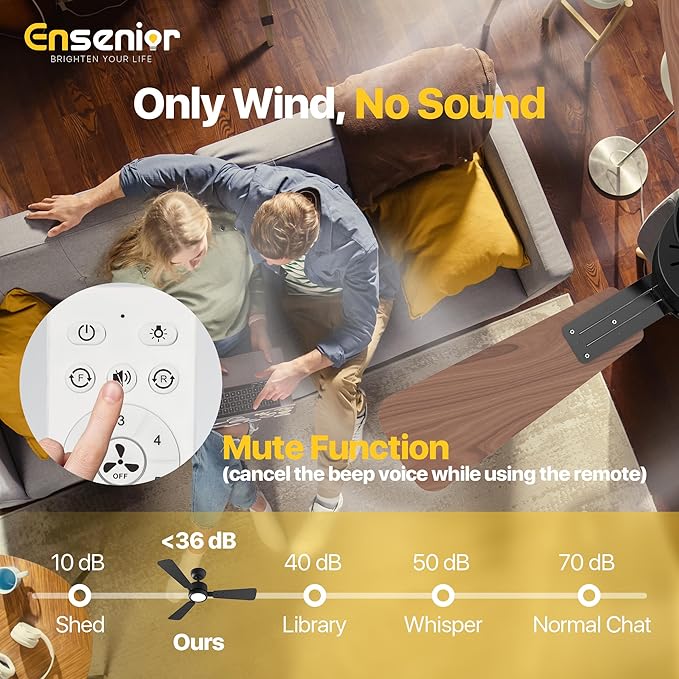 Ensenior 42 Inch Ceiling Fans with Lights and Remote, Small Bedroom Ceiling Fan with 3 Reversible Blades (Black/Wood), Quiet DC Motor, 6 Speeds, 3 Color, Memory Function, Modern Fan for Home, Black