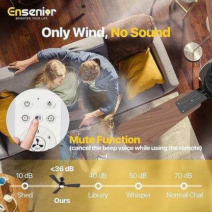 Ensenior 42 Inch Ceiling Fans with Lights and Remote, Small Bedroom Ceiling Fan with 3 Reversible Blades (Black/Wood), Quiet DC Motor, 6 Speeds, 3 Color, Memory Function, Modern Fan for Home, Black