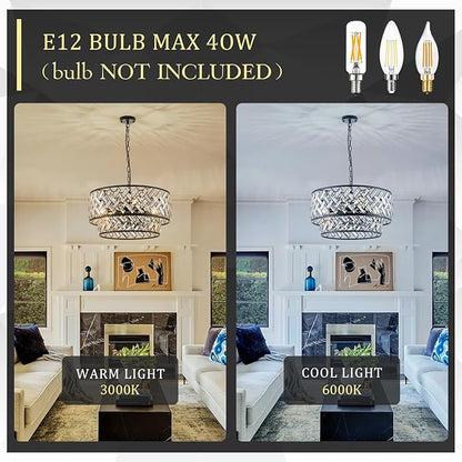 CATINER Black Crystal Chandelier, 8-Light Drum Semi Flush Mount Ceiling Light, 24'' Modern Crystal Pendant Chandelier for Dining Room, Living Room, Bedroom, Kitchen, Foyer