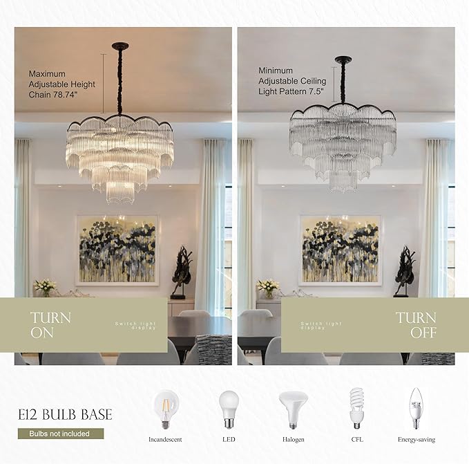 31.5" Black Clear Glass Crystal Chandelier 18-Light Modern Crystal Pendant Ceiling Light Fixture 4-Tier Luxury Glass Chandeliers,for Dining Room Kitchen Island Living Room Bedroom