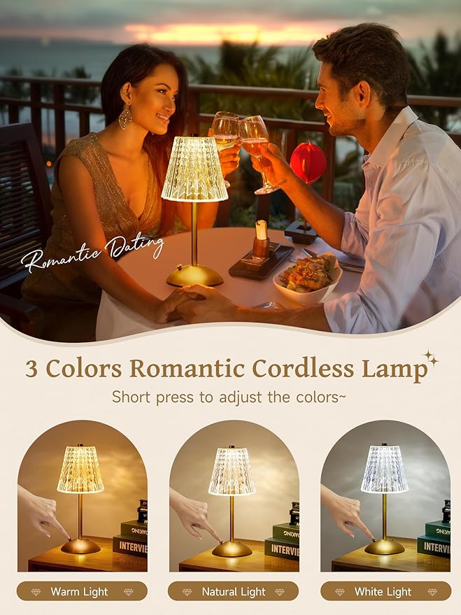 Crystal Cordless Lamp, Dimmable+3 Colors Rechargeable Lamp, Touch+2000mAh Battery Operated Vintage Ambient Light for Kitchen/Bedroom/Bathroom Shower, College Gifts, Mothers Day Gifts for Wife Daughter